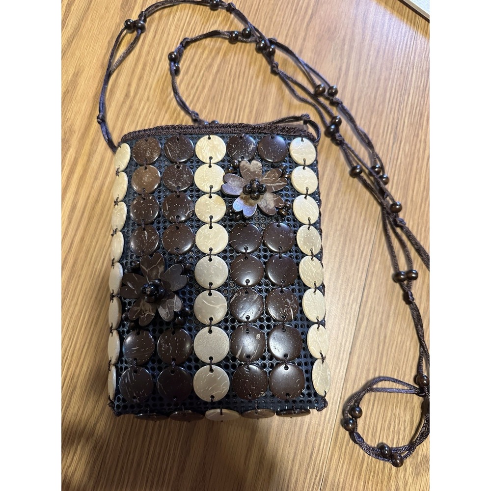 Brown Beige Beaded Floral Applique Small Rectangle Crossbody Bag Zip Closure